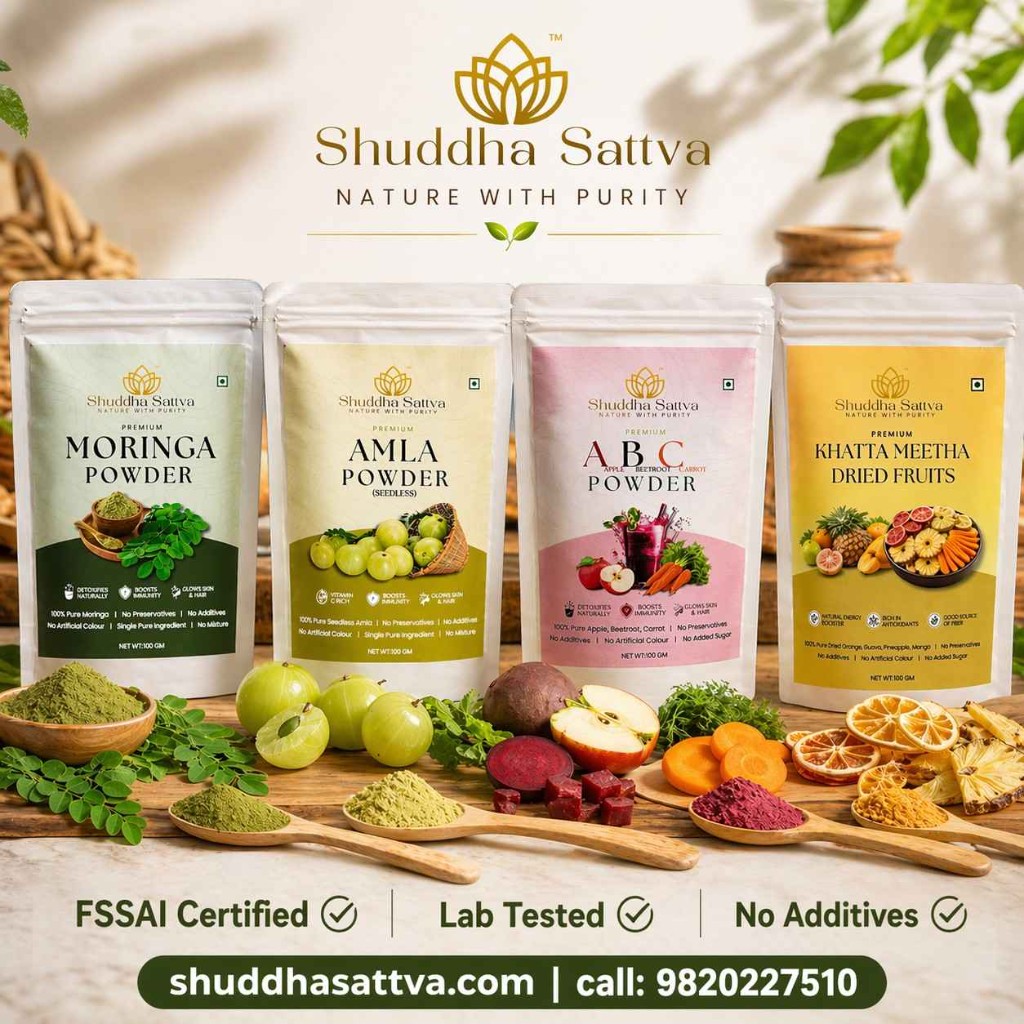 Shuddha Sattva lineup: Moringa, Amla, ABC herbal powders and Khatta Meetha dehydrated fruit — Nature with Purity, a unit of ABHY Global